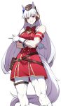  1girl absurdres animal_ears armband bare_shoulders biceps black_eyes blunt_bangs bow bowtie brown_bag commentary_request dress ear_bow ear_ornament elbow_gloves gloves gold_ship_(umamusume) highres horse_ears horse_girl horse_tail long_hair looking_at_viewer muscular muscular_female open_mouth pants pillbox_hat raised_eyebrow red_armband red_bow red_bowtie red_dress reia_76 simple_background solo tail umamusume white_background white_gloves white_hair white_pants white_tail 