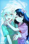  +_+ 1boy 1girl :d ;) aged_down alternate_hair_color androgynous antenna_hair aqua_shirt aubrey_(faraway)_(omori) aubrey_(omori) basil_(faraway)_(omori) basil_(omori) black_eyes black_hair blue_eyes blue_sky bow bright_pupils bu3hgg chromatic_aberration closed_mouth cloud collared_shirt day double-parted_bangs downturned_eyes film_grain fingernails flower green_overalls hair_between_eyes hair_bow hair_flower hair_ornament hashtag-only_commentary highres hug hug_from_side leaf long_hair looking_at_viewer omori one_eye_closed open_mouth outdoors overalls own_hands_together pink_bow pink_shirt pleated_skirt purple_skirt shirt shirt_tucked_in short_hair short_sleeves skirt sky smile upper_body very_long_hair white_flower white_hair white_pupils 