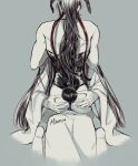  2boys alternate_costume animal_ears artist_name ass back bare_arms bare_legs bare_shoulders barefoot black_hair black_leotard chinese_clothes crossdressing english_commentary facing_away fake_animal_ears fake_tail from_behind grabbing_another&#039;s_ass grey_background groping hair_ribbon hands_on_another&#039;s_ass hanfu highres lan_wangji leotard long_hair long_sleeves male_focus male_playboy_bunny minataka94 modao_zushi monochrome multiple_boys playboy_bunny ponytail rabbit_ears rabbit_tail red_ribbon ribbon robe simple_background sitting sitting_on_lap sitting_on_person spot_color straddling strapless strapless_leotard tail trap very_long_hair wei_wuxian white_hanfu wide_sleeves yaoi 