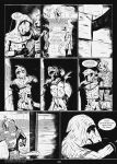 2025 8_panel_comic anthro armor biped black_eyes black_hair black_nose black_text boots canid canine canis clenched_teeth clothed clothing comic crowbar dialogue domestic_cat domestic_dog ellipsis english_text felid feline felis footwear group gulonine hair hi_res holding_crowbar hood leprzil looking_at_another male mammal marten medieval monochrome murid murine mustelid musteline open_mouth oriental_shorthair page_number question_mark rat rodent sharp_teeth shoes speech_bubble standing tail talking_to_another teeth text tongue tools torch warrior white_sclera
