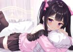  1girl :t backlighting bare_shoulders black_bow black_bowtie black_hair black_skirt black_thighhighs blunt_bangs blush bow bowtie closed_mouth commentary feet_out_of_frame foot_up frilled_pillow frilled_shirt frills hair_bow highres hugging_object indoors jirai_kei long_hair long_sleeves looking_at_viewer lying miniskirt no_shoes off-shoulder_shirt off_shoulder on_bed on_stomach original pillow pillow_hug pink_bow pink_shirt pleated_skirt pout purple_eyes sakura_mikan_(chirizakura) shirt sidelocks skirt solo split_mouth straight_hair the_pose thighhighs twintails zettai_ryouiki 