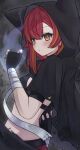  1girl absurdres animal_ear_hood anku arm_at_side asymmetrical_gloves bandaged_wrist bandages black_background black_cloak black_gloves black_hood black_shirt blush brown_eyes cloak closed_mouth crop_top fingerless_gloves from_side gloves hair_between_eyes hand_up highres hood hood_up hooded_cloak long_hair looking_to_the_side midriff multicolored_hair nekota_tsuna orange_hair orange_streaks red_hair shirt streaked_hair striped_clothes striped_shirt uneven_gloves upper_body virtual_youtuber vspo! 