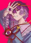  1girl akatsuki_records annindofu_umaaa artist_name black_hairband blue_shirt collarbone collared_shirt commentary_request frills hair_between_eyes hairband hand_up heart_ornament highres komeiji_satori long_sleeves looking_at_viewer pink_background pink_eyes purple_eyes purple_hair ringed_eyes shirt short_hair simple_background smile solo teeth third_eye touhou upper_body watermark wide_sleeves 