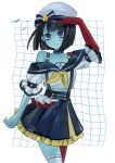  1girl alternate_costume black_hair blue_skin blunt_bangs blunt_ends bob_cut colored_skin ena:_dream_bbq ena_(dream_bbq) ena_(series) ena_(species) hangover_ena hat highres hourglass_dog multicolored_skin red_skin shirt short_sleeves solo two-tone_skin usagimarumei 