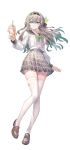  1girl absurdres black_hairband blue_eyes bow bowtie brown_shoes buttons commentary_request cup double-breasted firefly_(honkai:_star_rail) firefly_(spring_missive)_(honkai:_star_rail) full_body gradient_hair green_bow green_bowtie green_hair grey_hair grey_sailor_collar grey_skirt hairband highres holding holding_cup honkai:_star_rail honkai_(series) loafers long_hair long_sleeves looking_at_viewer miyashirokiyu multicolored_eyes multicolored_hair official_alternate_costume plaid_bow plaid_bowtie plaid_clothes plaid_skirt pleated_skirt purple_eyes sailor_collar school_uniform shirt shoes simple_background skindentation skirt smile solo thighhighs two-tone_eyes two-tone_hair white_background white_shirt white_thighhighs 