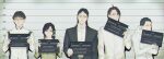  1girl 4boys against_wall black_eyes black_hair black_jacket blazer blunt_bangs bob_cut character_name closed_mouth collared_shirt commentary_request glasses height_chart height_mark highres holding holding_sign hood hood_down hooded_jacket jacket kurosawa_yuya lineup long_sleeves looking_at_viewer looking_to_the_side low_ponytail mayusaki_jun mugshot multiple_boys nameplate nono_(n0n0n0n0n_0) ponytail round_eyewear shimizu_eiko shirt short_hair sign spoilers tanihara_kinoko toshi_densetsu_kaitai_center upper_body white_jacket white_shirt yamada_gasmask 
