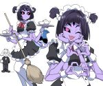  1boy 1girl apron arthropod_girl asriel_dreemurr black_dress broom colored_skin dress extra_arms extra_eyes fang frilled_dress frills furry furry_male goat_boy highres holding holding_broom holding_plate looking_at_viewer maid maid_apron maid_headdress muffet nasu_(ilo_a5) open_mouth plate purple_skin red_eyes smile spider_girl undertale 