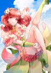  1girl celica_(fire_emblem) celica_(resplendent)_(fire_emblem) cloud cloudy_sky creyton dress earrings fairy fairy_wings fire_emblem fire_emblem_echoes:_shadows_of_valentia fire_emblem_heroes flower green_shoes hair_flower hair_ornament highres jewelry long_hair official_alternate_costume orange_eyes orange_hair pink_dress pink_thighhighs red_eyes red_hair shoes sky solo thighhighs tiara wings 