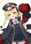  1girl :d absurdres ak13077 black_coat black_hat black_ribbon black_skirt blonde_hair bloomers blue_archive blush bow coat collared_shirt commentary cowboy_shot demon_girl demon_tail demon_wings eyelashes hair_between_eyes hair_ribbon halo hand_up happy hat hat_bow hat_ornament heart heart_hat_ornament high-waist_skirt highres ibuki_(blue_archive) long_hair looking_at_viewer low_wings neck_ribbon open_clothes open_coat open_mouth peaked_cap pink_bow pleated_skirt red_ribbon ribbon shirt simple_background skirt sleeves_past_fingers sleeves_past_wrists smile solo tail tareme twintails white_background white_bloomers white_shirt wings yellow_eyes yellow_halo 