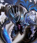  1boy 1other armor blue_cape cape commentary dual_wielding elden_ring elden_ring_nightreign extra_arms foreshortening full_armor gauntlets glowing glowing_sword glowing_weapon great_rune_(elden_ring) greatsword helmet heolstor_the_nightlord highres holding maskoo185826 perspective rain shoulder_armor signature simple_background spiked_helmet standing sword triple_wielding water_drop weapon 