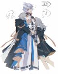  &gt;_&lt; 1girl 2boys antenna_hair armor arrow_(symbol) black_coat black_gloves black_pants black_skirt blue_cape blue_eyes buttons caelus_(honkai:_star_rail) cape coat commentary_request cowboy_shot crossed_bangs crying dual_persona fingerless_gloves flying_sweatdrops gauntlets gloves grey_hair hair_between_eyes highres honkai:_star_rail honkai_(series) hood hooded_coat hug hug_from_behind long_hair long_sleeves looking_at_another multiple_boys pants phainon_(honkai:_star_rail) pocket_watch shirt short_hair shoulder_armor shuzai233 simple_background skirt speech_bubble standing stelle_(honkai:_star_rail) streaming_tears sun_symbol t-shirt tears teeth thigh_strap trailblazer_(honkai:_star_rail) two-sided_cape two-sided_coat two-sided_fabric watch white_background white_coat white_shirt yellow_cape yellow_coat 