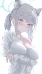  1girl absurdres alternate_hairstyle animal_ear_fluff animal_ears arm_under_breasts blue_archive blue_eyes blush breasts closed_mouth earrings extra_ears grey_hair highres jewelry large_breasts looking_at_viewer ponytail shirai_soushichi shiroko_(blue_archive) shirt single_bare_shoulder solo stud_earrings sweat white_shirt wolf_ears wolf_girl 