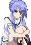  1girl absurdres black_bow black_socks blue_hair bow braid closed_mouth commentary_request crown_braid feet_out_of_frame hair_between_eyes hair_bow hair_bun hair_ribbon highres hugging_own_legs kneehighs long_hair looking_at_viewer miniskirt puffy_short_sleeves puffy_sleeves red_eyes red_ribbon ribbon ringed_eyes sailor_collar school_uniform seihoku serafuku shirt short_sleeves sidelocks simple_background single_hair_bun sitting skirt smile socks solo sorakado_ao split_mouth straight_hair summer_pockets summer_pockets_school_uniform very_long_hair white_background white_sailor_collar white_serafuku white_shirt white_skirt 