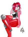  2024 5_fingers absurd_res anthro bedroom_eyes big_ears black_clothing black_topwear cleavage_cutout clothing colored countershade_fur countershading crossed_legs cutout cybernetic_leg cybernetic_limb cybernetics eyebrows female fingers fur glistening glistening_hair grey_clothing grey_topwear grey_vest hair hi_res hooded_eyes lagomorph leporid lips looking_at_viewer machine mammal mjw_darkmode narrowed_eyes pink_body pink_fur pinup pose rabbit red_hair red_scarf scarf seductive signature simple_background smile solo solo_focus teeth thick_bottom_lip topwear traditional_media_(artwork) vest whiskers white_background white_body white_fur 