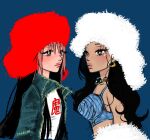  2girls artist_name bead_choker beads black_hair blue_background blue_bra blue_eyes blue_jacket bra colored_bangs commentary earrings hat highres hoop_earrings jacket jewelry katseye long_hair manon_(katseye) megan_(katseye) multicolored_hair multiple_girls pink_hair pink_lips real_life red_hat seeds_00 two-tone_hair underwear white_eyes white_hat 