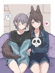  2girls animal_ears bang_dream! bang_dream!_it&#039;s_mygo!!!!! black_shirt blue_jacket blue_shirt blue_shorts blush brown_hair closed_eyes closed_mouth commentary_request grey_hair heart highres jacket kemonomimi_mode long_hair long_sleeves mole mole_under_eye multiple_girls nanami_(nunnun_0410) pajamas purple_eyes shiina_taki shirt short_hair shorts sitting spoken_heart stuffed_animal stuffed_panda stuffed_toy tail takamatsu_tomori wolf_ears wolf_girl wolf_tail zzz 