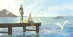  2boys animal_on_head barefoot bird bird_on_head bucket fishing fishing_rod full_body hat highres holding holding_fishing_rod holding_unworn_clothes holding_unworn_hat male_focus multiple_boys ocean on_head one_piece outdoors pier plytometo rock roronoa_zoro seagull shirt sitting trafalgar_law unworn_hat unworn_headwear white_shirt 