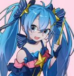  1girl :d blue_bow blue_dress blue_eyes blue_eyeshadow blue_gloves blue_hair blue_nails bow bow_choker choker clothing_cutout collarbone commentary_request dress eyeshadow fingerless_gloves frilled_dress frills gloves hair_bow hair_ornament hairclip hatsune_miku highres holding holding_wand looking_at_viewer looking_to_the_side makeup myuga66666 open_mouth pink_background pinstripe_bow shoulder_cutout smile solo twintails upper_body vocaloid wand yuki_miku yuki_miku_(2017) 