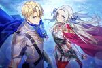  1boy 1girl armor blonde_hair blue_cape blue_eyes blue_ribbon breasts cape closed_mouth commentary_request dimitri_alexandre_blaiddyd dimitri_alexandre_blaiddyd_(resplendent) edelgard_von_hresvelg edelgard_von_hresvelg_(resplendent) fire_emblem fire_emblem:_three_houses fire_emblem_heroes grey_armor hair_ribbon highres long_hair looking_at_viewer purple_eyes red_cape red_thighhighs ribbon short_hair shoulder_armor smile soma_otakuu standing thighhighs white_hair 