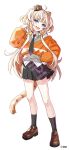  1girl ahoge alternate_costume animal_ears black_necktie black_skirt black_socks blonde_hair blue_eyes bow brown_shoes chromashift collared_shirt commentary_request company_name copyright_name copyright_notice crown fangs full_body hair_bow hand_on_own_hip highres jose_(unknownshuriken) loafers long_hair long_sleeves looking_at_viewer mini_crown multicolored_hair necktie official_art open_mouth orange_sweater pleated_skirt sample_watermark school_uniform shabel_tonya shirt shoes simple_background skin_fangs skirt socks solo standing streaked_hair sweater sweater_vest tail tiger_ears tiger_girl tiger_tail virtual_youtuber watermark white_background white_hair white_shirt white_streaks yellow_bow 