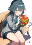  1girl bench black_skirt blush burger collared_shirt commentary_request double-parted_bangs drooling food gakuen_idolmaster green_eyes green_hair hair_intakes highres holding holding_burger holding_food idolmaster long_eyelashes looking_at_viewer mouth_drool nyum on_bench plaid_clothes plaid_sweater shirt sitting skirt solo sweater tsukimura_temari white_background 