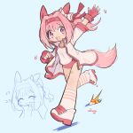  1girl ^_^ animal_ears arm_up blue_background bow breasts buruma ceroro closed_eyes closed_mouth commentary english_commentary full_body hair_bow hair_intakes haru_urara_(umamusume) headband highres horse_ears horse_girl horse_tail jacket multiple_views no_nose open_clothes open_jacket open_mouth pink_eyes pink_hair ponytail red_buruma red_headband red_trim running shirt shoes small_breasts smile socks sweat tail tareme umamusume white_bow white_jacket white_shirt white_shoes white_socks zipper zipper_pull_tab 