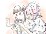  2girls ahoge anyoji_hime behind_another black_ribbon blue_eyes blush braid brown_hair center-flap_bangs closed_mouth commentary dress hair_ribbon hasu_no_sora_school_uniform highres hood hooded_jacket jacket kachimachi_kosuzu kisaragi_yukitora link!_like!_love_live! long_hair long_sleeves love_live! multi-tied_hair multiple_girls neckerchief open_clothes open_jacket orange_background pink_eyes pink_hair ponytail puffy_short_sleeves puffy_sleeves ribbon sailor_collar sailor_dress school_uniform short_sleeves side_braids summer_uniform symbol-only_commentary upper_body virtual_youtuber white_dress white_sailor_collar yellow_neckerchief 