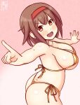  1girl alternate_costume artist_logo ass bikini blush breasts brown_eyes brown_hair cowboy_shot dated gradient_background hairband kanon_(kurogane_knights) kantai_collection large_breasts logo looking_at_viewer one-hour_drawing_challenge open_mouth pink_background red_hairband shiratsuyu_(kancolle) short_hair smile solo sweat swimsuit yellow_bikini 