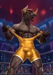 5_fingers abs absurd_res anthro balls balls_outline biceps bodily_fluids bovid bovine bulge cattle clothed clothing clothing_pull crowd detailed_bulge digital_media_(artwork) fighting_ring fingers fur genital_outline genitals group hair hi_res horn humanoid_hands male mammal muscular muscular_anthro muscular_male nipples open_mouth pecs penis_outline saliva satanic_monkey standing tail teeth tight_clothing torn_clothing wrestling_singlet