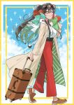  1girl alternate_color black_hair blue_hair brown_shoes crossover eyewear_on_head green_hair hair_between_eyes highres horns idolmaster idolmaster_shiny_colors kirlia long_hair on_shoulder one_eye_closed pants parted_lips pokemon pokemon_(creature) pokemon_on_shoulder ponytail red_pants shiny_pokemon shirase_sakuya shoes sidelocks smile sparkle tsukuda_hayato 