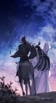  2boys animal artist_name black_boots black_hair black_hanfu blurry boots brown_hair chinese_clothes cloud depth_of_field dizi donkey english_commentary facing_away flute from_behind grass guqin hair_ribbon hands_up hanfu headband high_ponytail highres holding holding_flute holding_instrument horseback_riding instrument instrument_case lan_wangji leaf long_hair long_sleeves male_focus minataka94 modao_zushi multiple_boys music night night_sky outdoors plant playing_flute playing_instrument ponytail red_ribbon red_sash ribbon riding robe sash shooting_star sitting sky standing star_(sky) starry_sky topknot transverse_flute very_long_hair watermark wei_wuxian white_hanfu white_headband wide_sleeves xiao_guan_(headdress) 