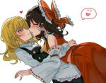  2girls amatukimahoro apron black_hair black_skirt black_vest blonde_hair blush bow braid chromatic_aberration closed_mouth detached_sleeves frilled_bow frilled_hair_tubes frills hair_bow hair_tubes hakurei_reimu hand_on_another&#039;s_back heart heart-shaped_pupils highres imminent_kiss kirisame_marisa long_hair long_sleeves multiple_girls pleated_skirt red_bow red_skirt ribbon-trimmed_sleeves ribbon_trim shirt side_braid single_braid skirt spoken_heart symbol-shaped_pupils touhou twitter_username vest watermark white_apron white_background white_bow white_shirt white_sleeves wide_sleeves yellow_eyes yuri 