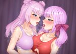  2girls after_kiss arm_at_side assault_lily asymmetrical_docking bare_arms bare_shoulders blue_eyes blunt_bangs blush bow breast_press breasts cleavage clothing_cutout collarbone commentary curtains double_bun eye_contact face-to-face hair_bow hair_bun half-closed_eyes heavy_breathing highres imai_tomohiro indoors large_breasts long_hair looking_at_another multiple_girls nose_blush open_mouth pink_bow pink_hair pink_sports_bra red_bow red_sports_bra sadamori_himeka saliva saliva_trail sports_bra steaming_body sweat tamba_akari tongue tongue_out twintails underboob underboob_cutout upper_body yuri 
