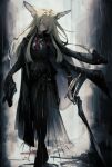  1girl animal_ears ankoro_mochi arknights black_bow black_coat blonde_hair blood blood_on_clothes bow chain character_request closed_eyes coat coat_on_shoulders fox_ears fox_girl full_body hair_between_eyes hair_bow hair_over_one_eye highres holding holding_sword holding_weapon looking_at_viewer necktie rain red_necktie scar scar_on_cheek scar_on_face scenery solo standing sword tassel vulpisfoglia_(arknights) weapon 