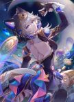  1girl :3 animal_ear_fluff animal_ears artist_name backless_jacket black_gloves black_jacket blue_eyes cat_ears cat_girl cat_tail cipher_(honkai:_star_rail) coin csyday fingerless_gloves from_behind gloves gold_coin grey_hair highres honkai:_star_rail honkai_(series) hood hood_up hooded_jacket jacket long_sleeves looking_at_viewer looking_back solo tail tail_through_clothes 