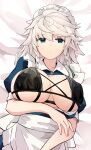  1girl absurdres apron arm_under_breasts bikini black_bikini braided_sidelock breasts breasts_out closed_mouth expressionless frilled_apron frills highres hira-san izayoi_sakuya large_breasts looking_at_viewer lying maid maid_apron maid_headdress medium_hair on_back puffy_short_sleeves puffy_sleeves short_sleeves solo swimsuit touhou waist_apron white_apron white_headdress 