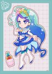  1girl absurdly_long_hair aqua_border aqua_hair blue_collar blue_eyes blue_hair blue_ribbon blue_shirt blue_skirt blue_socks boots border bottle braid bridal_gauntlets bright_pupils brooch collar crop_top cure_mermaid deformed detached_collar dot_nose dotted_line earrings eyelashes floating full_body go!_princess_precure gold_tiara gradient_hair grey_background grid_background hair_ribbon hand_on_own_chest happy high_heel_boots high_heels highres jewelry kaidou_minami knee_boots kneehighs long_hair looking_at_viewer magical_girl midriff miniskirt multicolored_hair navel necklace open_mouth outline outstretched_hand pearl_necklace perfume_bottle pleated_skirt precure purple_hair ribbon shell shell_earrings shell_hair_ornament shirt short_sleeves signature single_braid skirt smile socks solo streaked_hair tiara train_(clothing) uwded_207 very_long_hair wavy_hair white_boots white_bridal_gauntlets white_outline white_pupils white_sleeves 