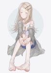  1girl absurdres barefoot blue_shorts blush brown_eyes coat collarbone crane666 denim denim_shorts earrings eyelashes feet full_body gakuen_idolmaster grey_background grey_coat highres idolmaster jewelry knees_together_feet_apart knees_up legs long_hair long_sleeves looking_at_viewer open_clothes open_coat own_hands_together parted_lips shinosawa_hiro short_shorts shorts simple_background sitting solo spread_toes strap_slip stud_earrings toenails toes 