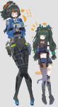  ... 2girls ? absurdres android animal black_gloves black_hair blue_jacket blue_shorts blush braided_sidelock cat checkered_necktie collared_shirt crop_top full_body gloves green_eyes green_hair hairband high-waist_pants highres holding holding_animal jacket long_hair metal_hairband multicolored_hair multiple_girls necktie odmised open_clothes open_jacket pants police police_badge police_uniform policewoman ponytail qingyi_(zenless_zone_zero) red_streaks shirt shorts sphere_hair_ornament streaked_hair tight_clothes tight_pants twintails zenless_zone_zero zhu_yuan 