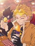 2boys animal_head arm_rest arms_on_table autumn autumn_leaves beak beard_stubble bird_boy black_gloves black_shirt blonde_hair boku_no_hero_academia closed_eyes collared_jacket commentary_request day earrings eating eyewear_on_head facial_hair feathered_wings fingernails food food_in_mouth food_wrapper forked_eyebrows fur-trimmed_jacket fur_trim gloves hands_up hawks_(boku_no_hero_academia) highres holding holding_food jacket jewelry leaf light_blush long_sleeves looking_at_food male_focus mark_under_eye multiple_boys open_clothes open_jacket outdoors popped_collar print_shirt red_eyes red_wings roasted_sweet_potato shirt short_hair smile steaming_food stubble stud_earrings sugi_wtnb08 sunlight sweet_potato table tinted_eyewear tokoyami_fumikage tree twitter_username upper_body wings wooden_table wristband yellow-tinted_eyewear yellow_jacket 