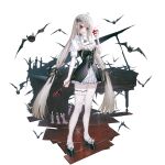  1girl ahoge bandaid bandaid_on_leg black_dress black_shoes blonde_hair breasts candle cleavage cleavage_cutout clothing_cutout collared_shrug dress english_commentary frilled_thigh_strap full_body grand_piano hair_ornament hairclip heart heart_hair_ornament highres holding holding_heart instrument lengy_(user_haec8585) looking_at_viewer original piano pleated_dress red_eyes shoes shrug_(clothing) solo standing thigh_strap thighs twintails white_background 