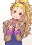  1girl blonde_hair blue_dress blush_stickers brown_eyes chienon closed_mouth collarbone dress final_fantasy final_fantasy_v highres krile_mayer_baldesion_(ff5) long_hair looking_at_viewer ponytail simple_background smile solo white_background 