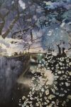  1boy 1girl canal highres holding holding_umbrella original outdoors painting_(medium) railing reflection reflective_water scenery traditional_media tree umbrella water yuki_furasi 