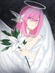  1girl alternate_costume angel_wings black_background chinese_commentary commentary_request dai3844152 diamond-shaped_pupils diamond_(shape) dress elysia_(herrscher_of_human:_ego)_(honkai_impact) elysia_(honkai_impact) flower hair_flower hair_ornament halo highres holding holding_flower honkai_(series) honkai_impact_3rd long_hair pink_hair purple_eyes solo symbol-shaped_pupils white_dress wings 
