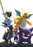  1boy :3 absurdres adjusting_clothes adjusting_headwear antennae arm_up ash_ketchum baseball_cap bird black_eyes black_gloves black_hair black_shoes blue_shorts blue_vest closed_mouth commentary_request dracovish dragonite facing_viewer fingerless_gloves food gengar gloves grin hand_on_headwear happy hat hat_over_eyes highres holding holding_food holding_poke_ball holding_spring_onion holding_vegetable looking_at_viewer lucario male_focus on_head on_shoulder open_clothes open_mouth open_vest partial_commentary pikachu poke_ball poke_ball_(basic) pokemon pokemon_(anime) pokemon_(creature) pokemon_journeys pokemon_on_head pokemon_on_shoulder print_hat red_eyes red_hat shirt shoes short_hair short_sleeves shorts simple_background sirfetch&#039;d smile spring_onion standing teeth vegetable vest watagashikn white_background white_shirt 