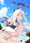  absurdres ahoge ass blue_archive blue_sky blush breasts day demon_girl demon_horns demon_wings highres hina_(blue_archive) hina_(swimsuit)_(blue_archive) horns long_hair looking_at_viewer mata_ashita ocean old_school_swimsuit outdoors purple_eyes school_swimsuit sitting sky small_breasts starfish summer swimsuit white_hair wings 