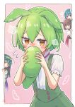  4girls :o ahoge black_hair blue_hair blush blush_stickers border brown_hair character_request chestnut_mouth covering_own_mouth edamame furrowed_brow green_hair green_hairband green_overalls green_shorts green_suspenders hair_between_eyes hairband highres holding_own_tail japanese_clothes jitome kimono knife_hair_ornament long_hair looking_at_another looking_at_viewer multiple_girls nose_blush notice_lines open_mouth orange_eyes overalls pea_pod peeking_out pink_background puff_of_air puffy_shorts puffy_sleeves red_eyes shirt short_hair short_sleeves shorts shy siblings sisters smile suspender_shorts suspenders tail touhoku_kiritan touhoku_zunko upper_body voiceroid voicevox white_border white_kimono white_shirt wide_sleeves yasuno-labo yellow_eyes zundamon 