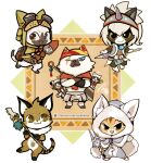  1boy 6+others aa2233a animal_ears animal_hands black_fur blue_eyes brown_eyes brown_fur bugtrapper cat_boy cat_ears cat_tail chef chibi chibi_only chibikemo chinese_commentary colorpoint commentary crossed_arms digitigrade english_commentary felyne fur-trimmed_hood fur_trim furry furry_male goggles grimalkyne hat heterochromia holding holding_polearm holding_weapon hood hood_up horns kadachi_(palico_armor) kirin_(palico_armor) kitchen_felyne leather_(palico_armor) lynx meowscular_chef mixed-language_commentary monster_hunter:_world monster_hunter_(series) multiple_others orange_fur other_focus pawpads player_palico polearm ponytail single_horn tail weapon white_hair yellow_eyes 