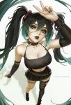  1girl bare_shoulders black_hair black_lips black_shirt bootybear breasts cleavage collar collarbone from_above goth_fashion grey_eyes grey_hair hatsune_miku highres large_breasts long_sleeves multicolored_hair navel_piercing piercing shirt shoes single_thighhigh solo spiked_collar spikes striped_clothes striped_thighhighs teeth thighhighs two-tone_hair vocaloid 