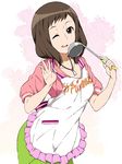  ;d apron brown_eyes brown_hair chousoku_henkei_gyrozetter collarbone holding ladle looking_at_viewer mizuki_makoto one_eye_closed open_mouth smile solo todoroki_nanako white_background 